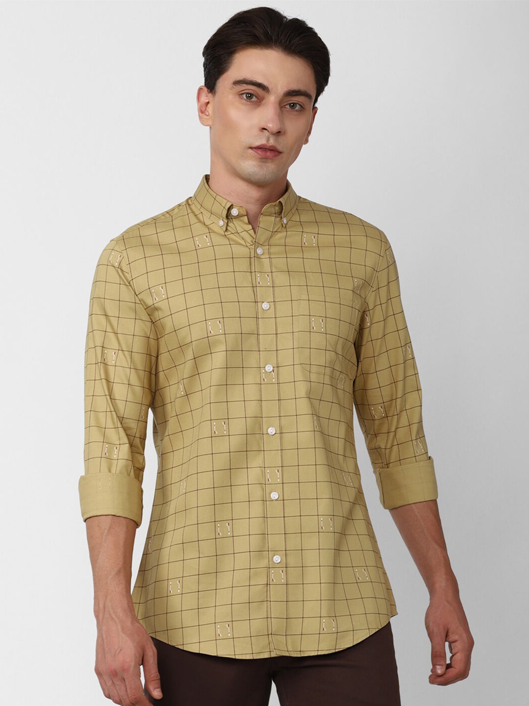 

Peter England Elite Slim Fit Grid Tattersall Checks Pure Cotton Casual Shirt, Khaki