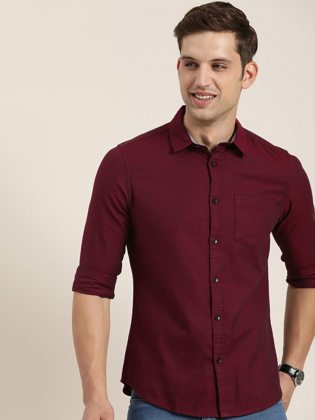 

HERE&NOW Men Slim Fit Opaque Casual Shirt, Red