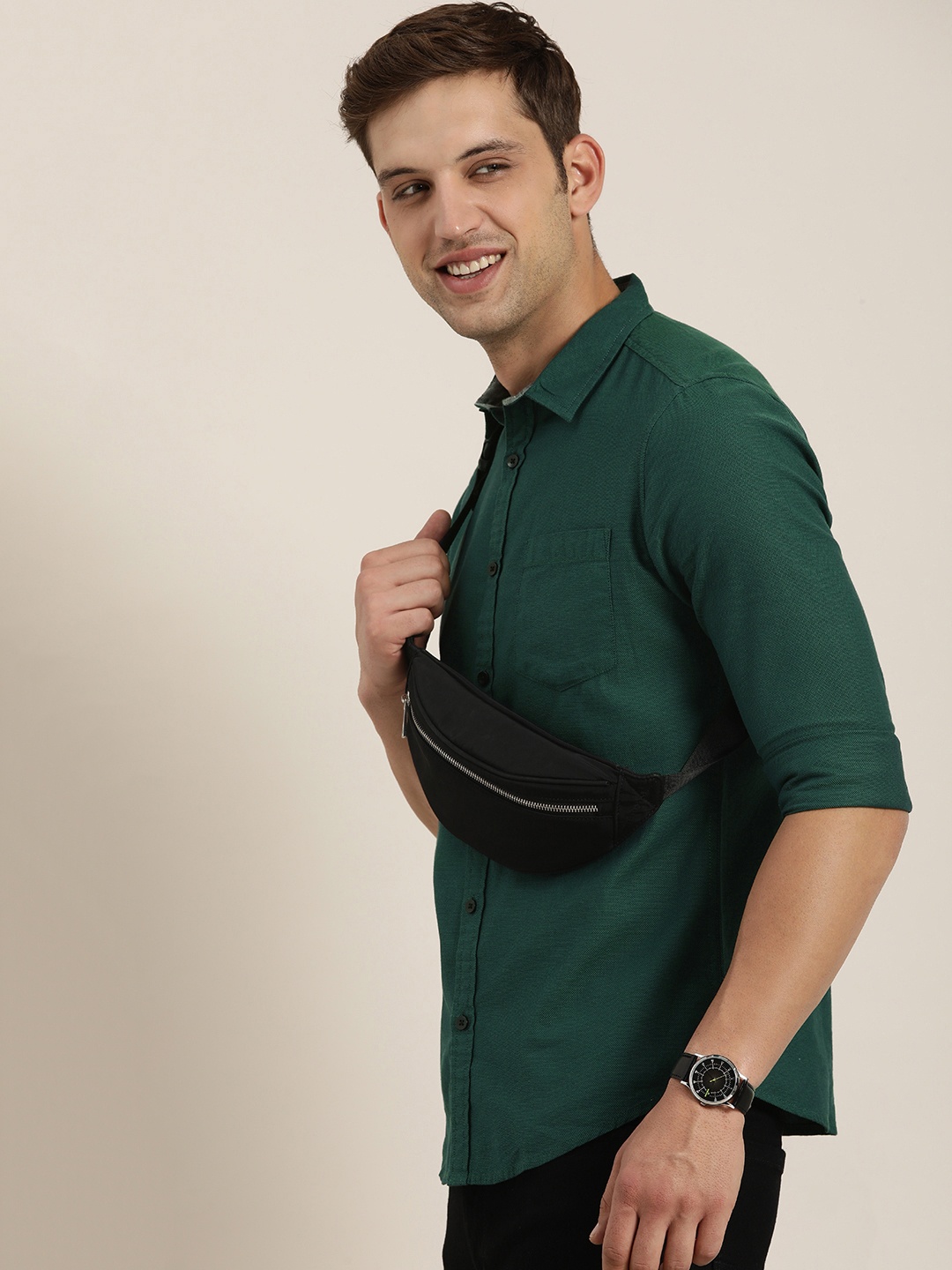 

HERE&NOW Men Slim Fit Opaque Casual Shirt, Green