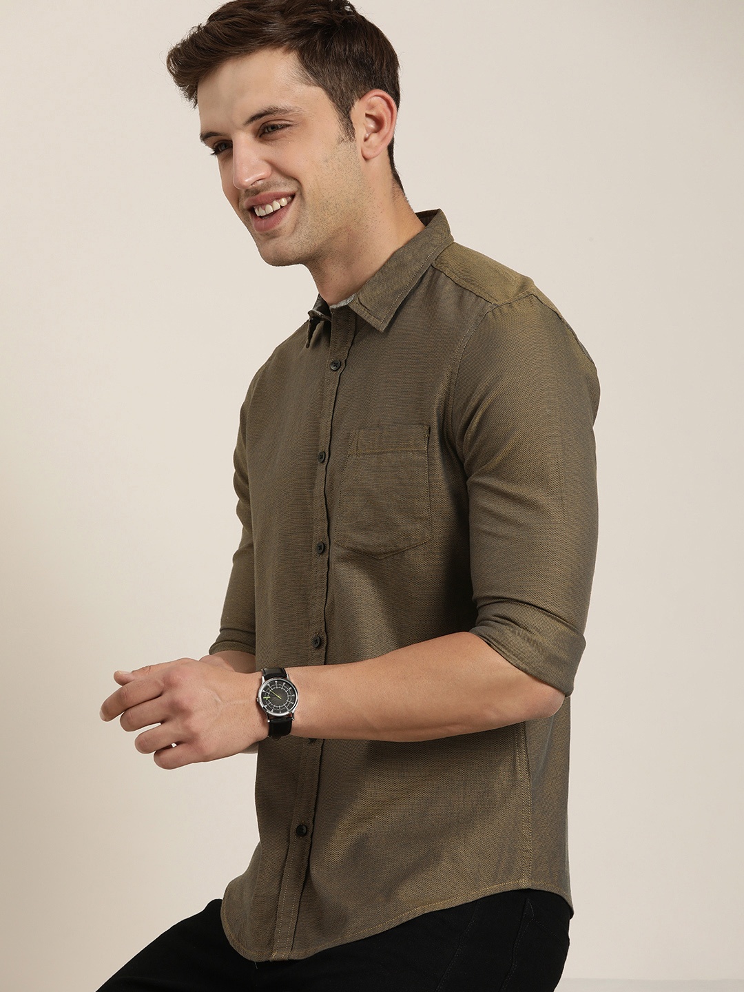 

HERE&NOW Men Slim Fit Opaque Casual Shirt, Gold