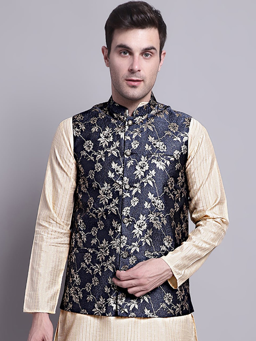 

Jompers Woven-Design Ethnic Motifs Silk Cotton Nehru Jackets, Blue