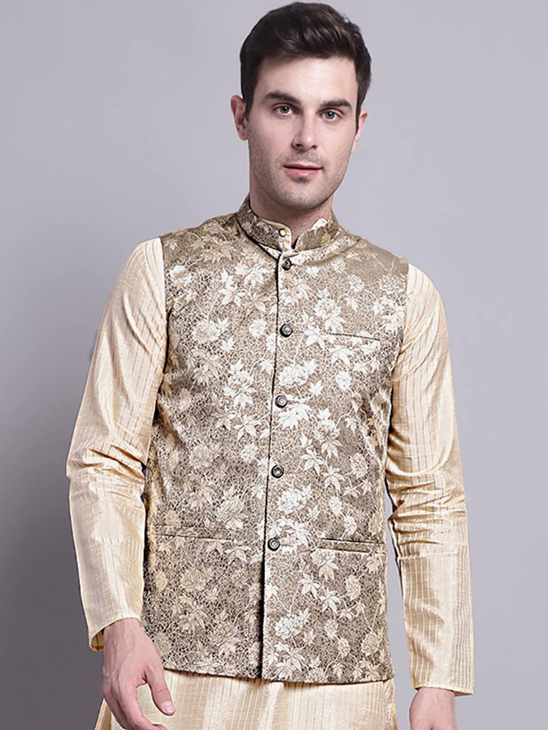

Jompers Woven-Design Ethnic Motifs Nehru Jackets, Beige
