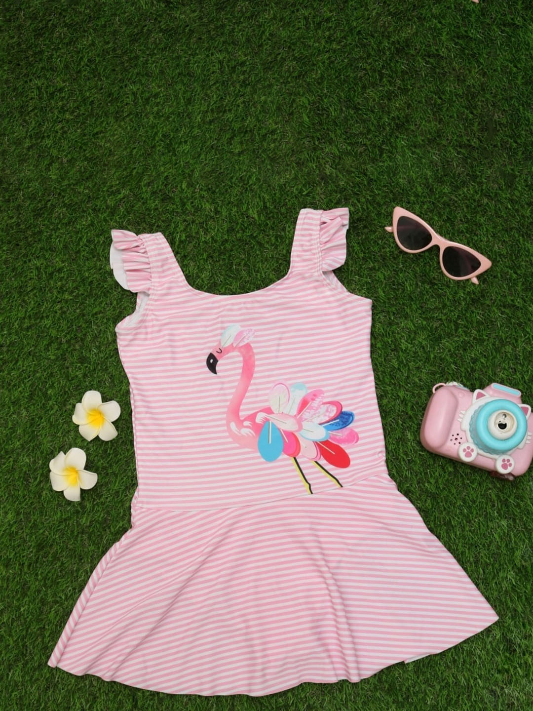 

Yellow Bee Girls Striped Swimming Dress, Pink