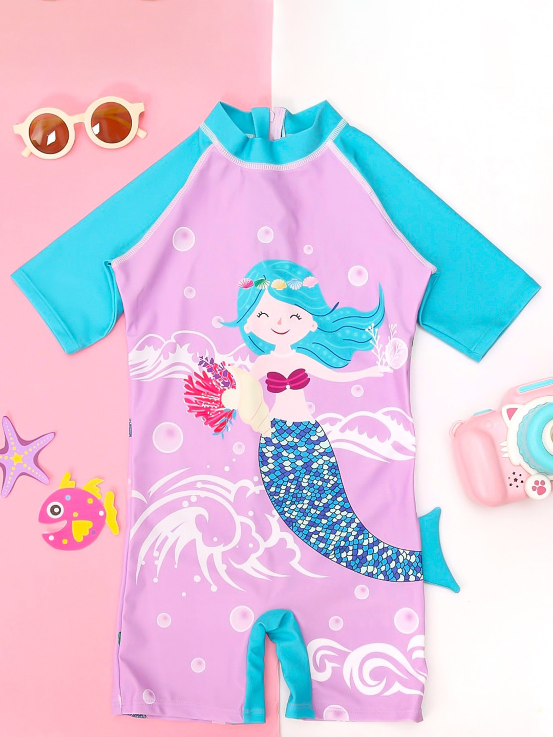 

Yellow Bee Girls Mermaid Printed Swimsuit, Purple
