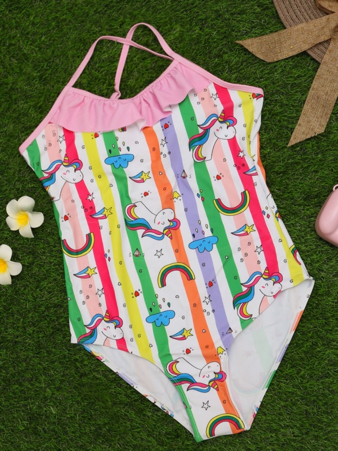 

Yellow Bee Girls Unicorn Printed Bodysuit, White