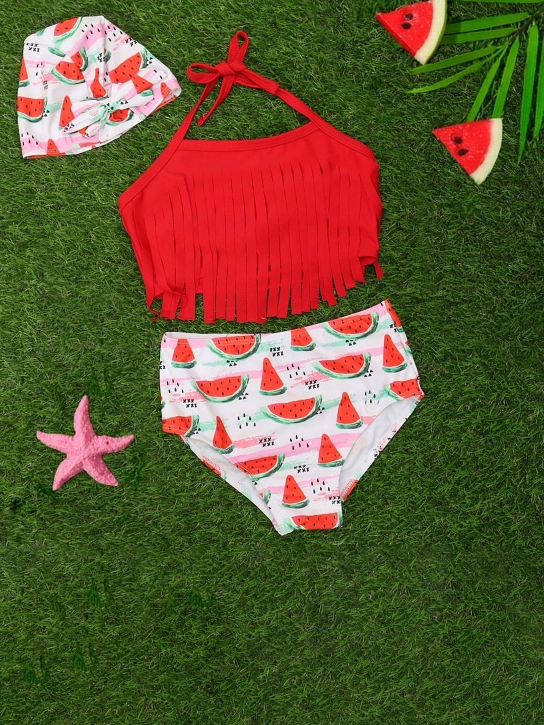 

Yellow Bee Girls Watermelon Printed Tankini, Red
