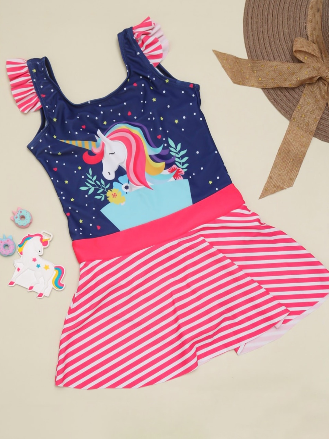 

Yellow Bee Girls Unicorn Printed Swimming Dress, Navy blue