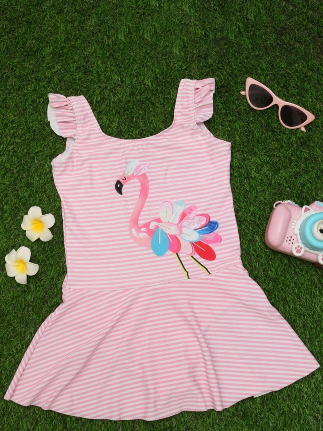 

Yellow Bee Girls Graphic Printed & Striped Swimming Dress, Pink