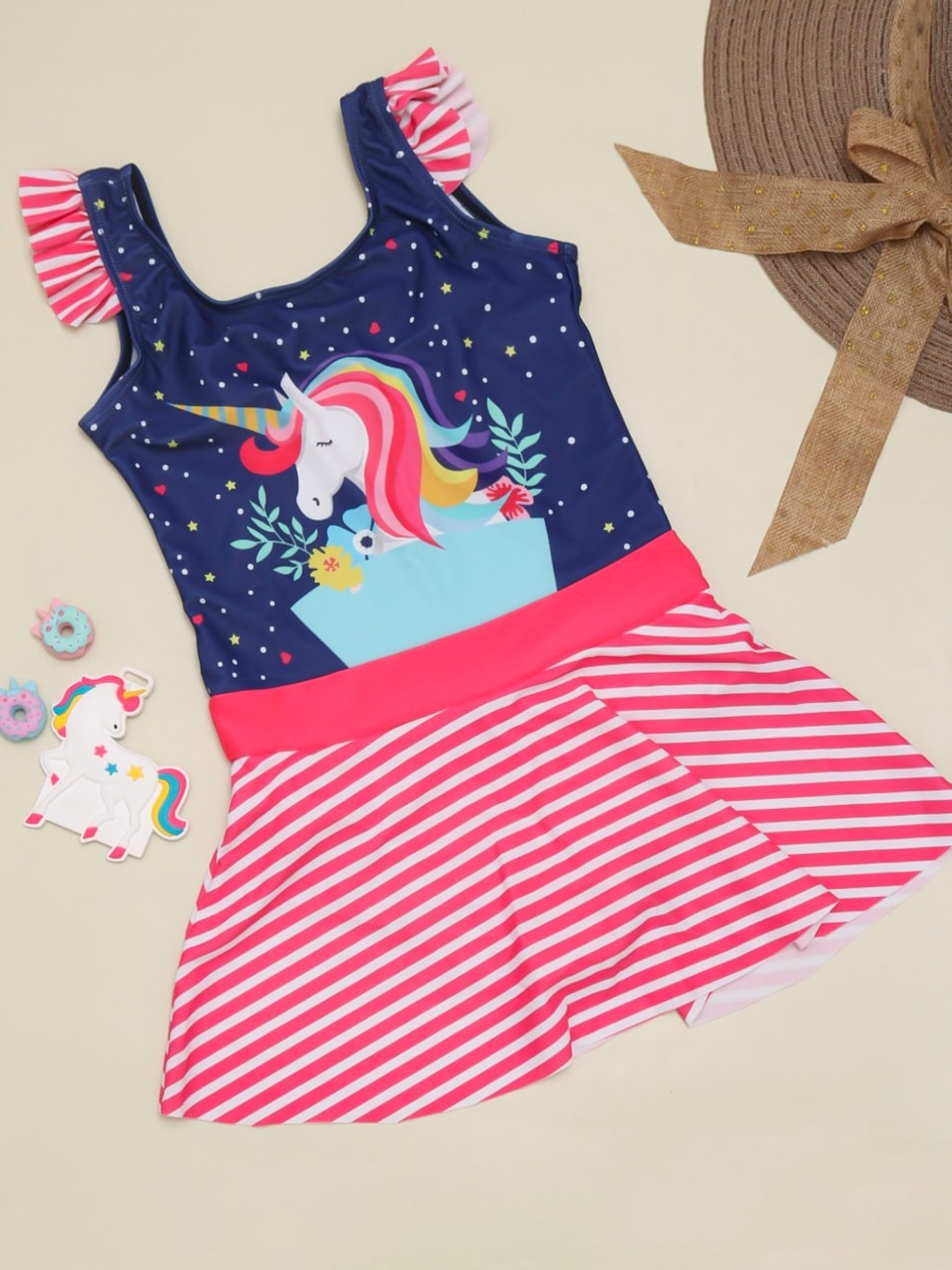 

Yellow Bee Girls Unicorn Printed Swimwear, Navy blue