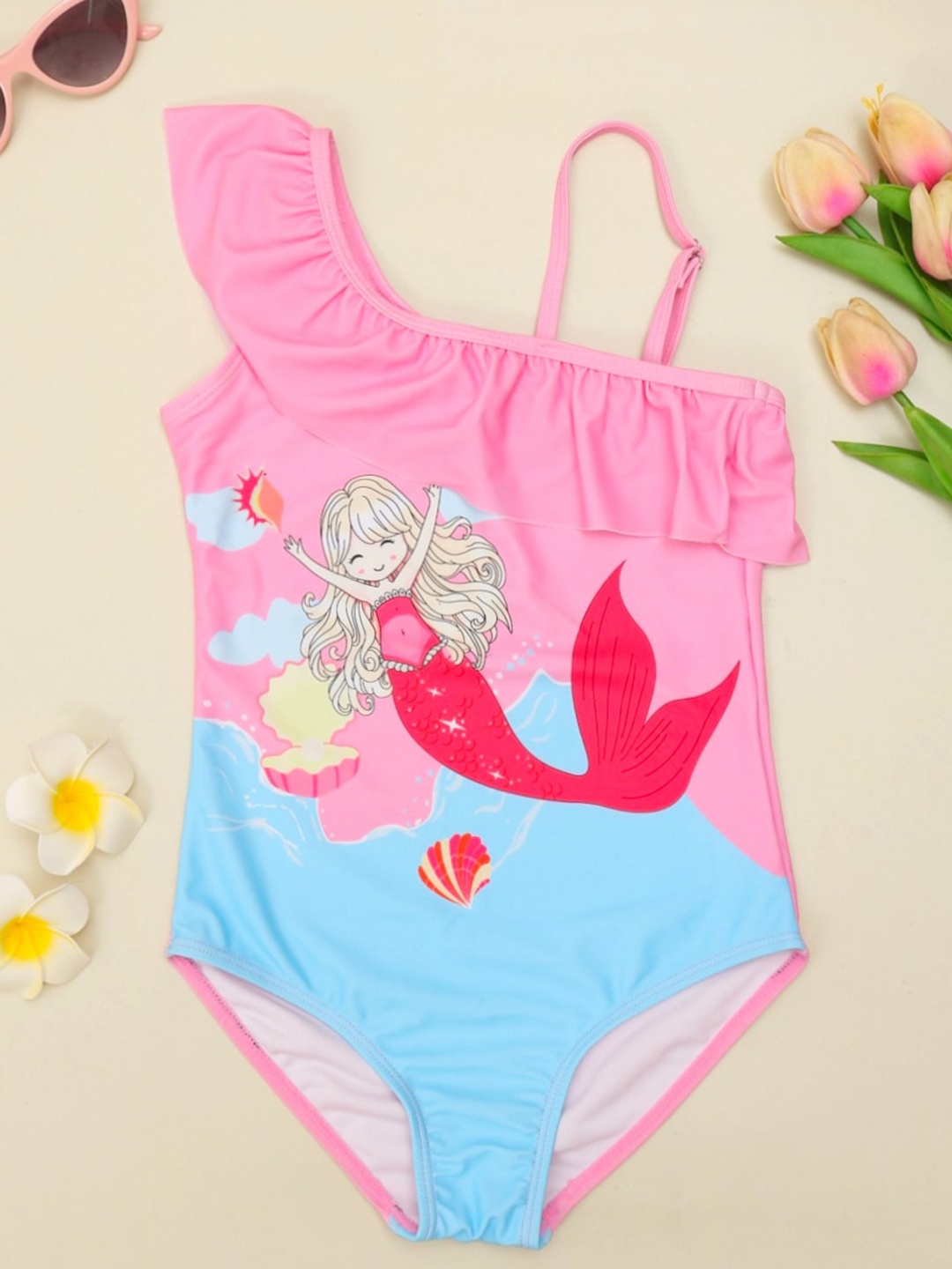

Yellow Bee Girls Mermaid Printed One Shoulder Swimwear, Pink