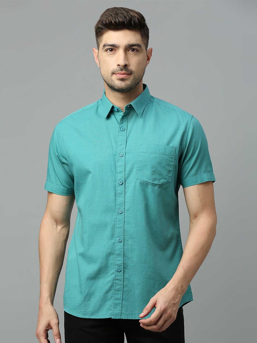 

HERE&NOW Men Teal Green Classic Slim Fit Pure Cotton Casual Shirt