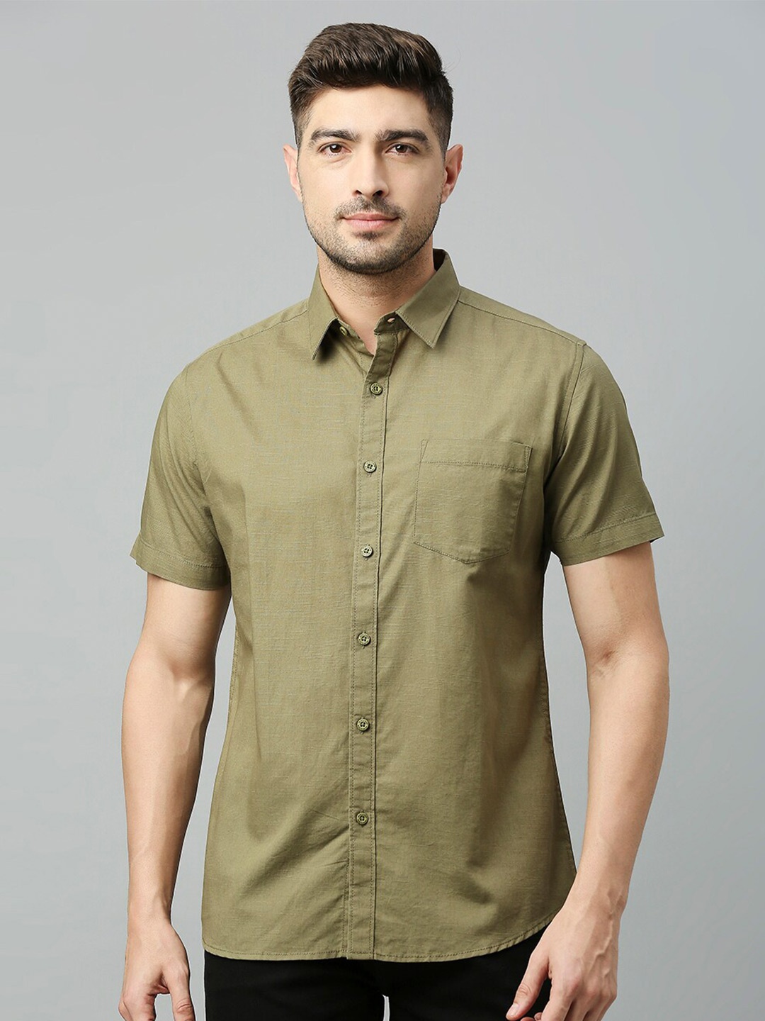 

HERE&NOW Olive Green Classic Slim Fit Pure Cotton Shirt
