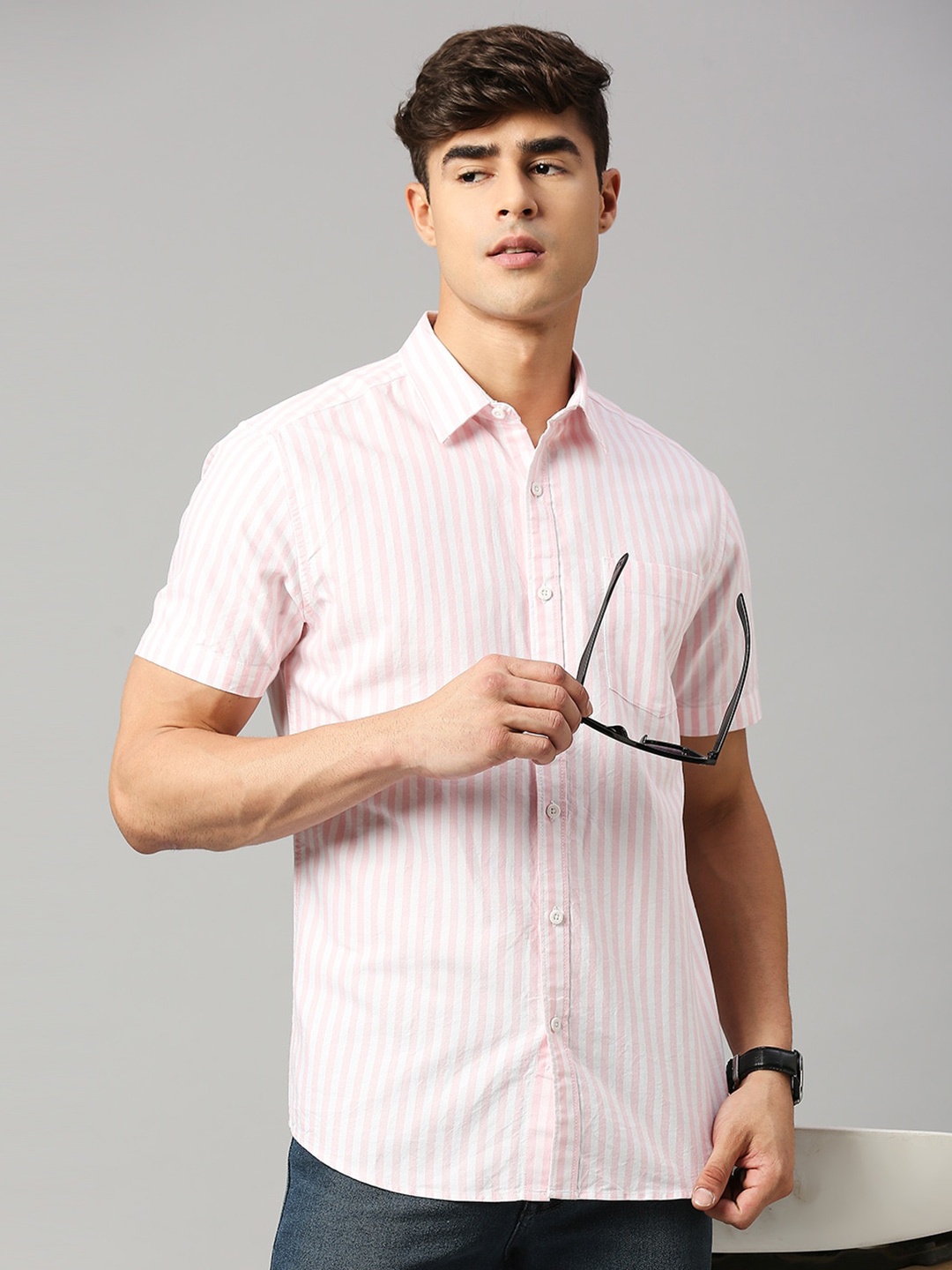 

HERE&NOW Pink Classic Slim Fit Vertical Striped Pure Cotton Casual Shirt