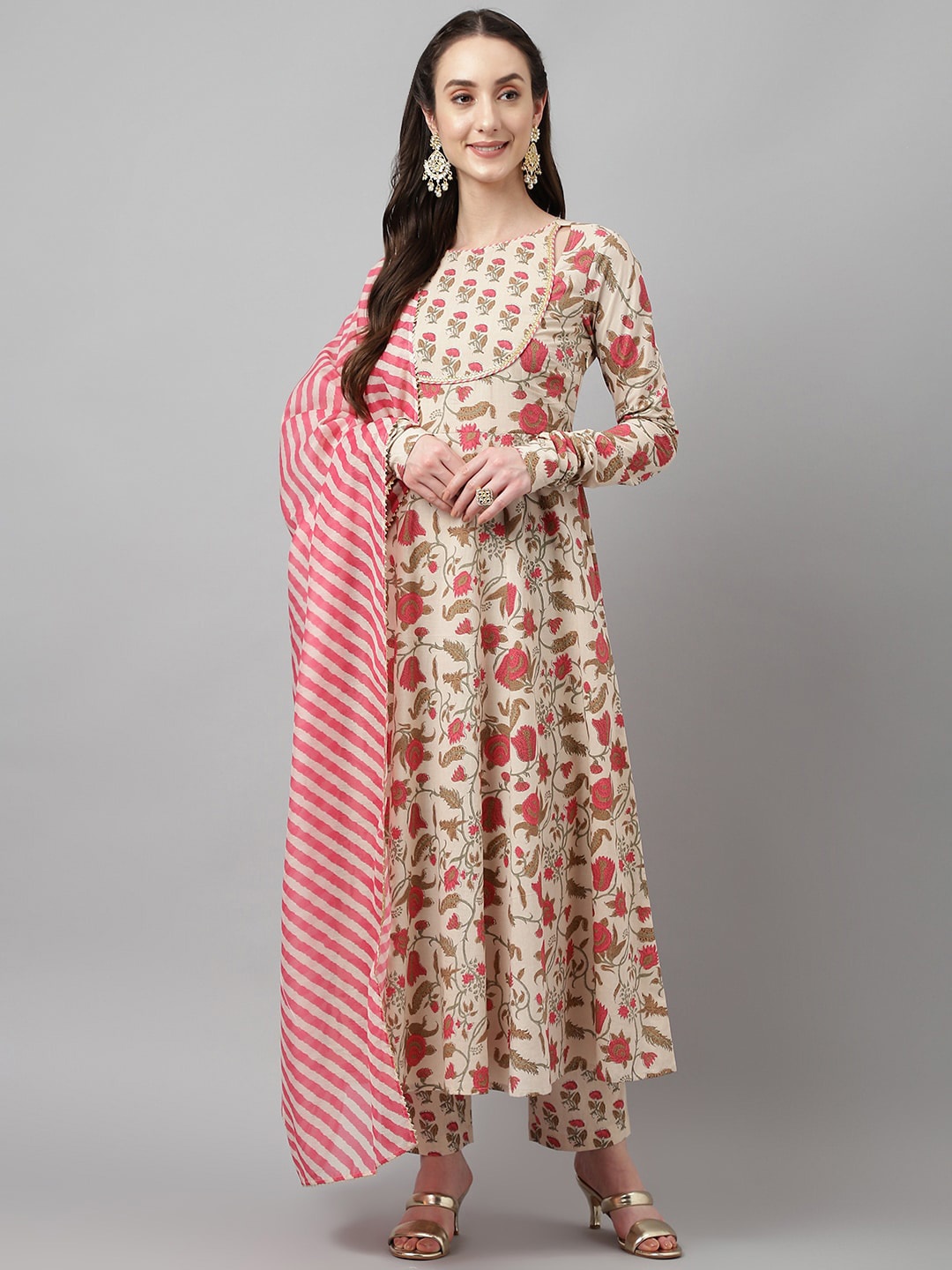 

FIORRA Floral Printed Pure Cotton Kurta & Trouser With Dupatta, Beige