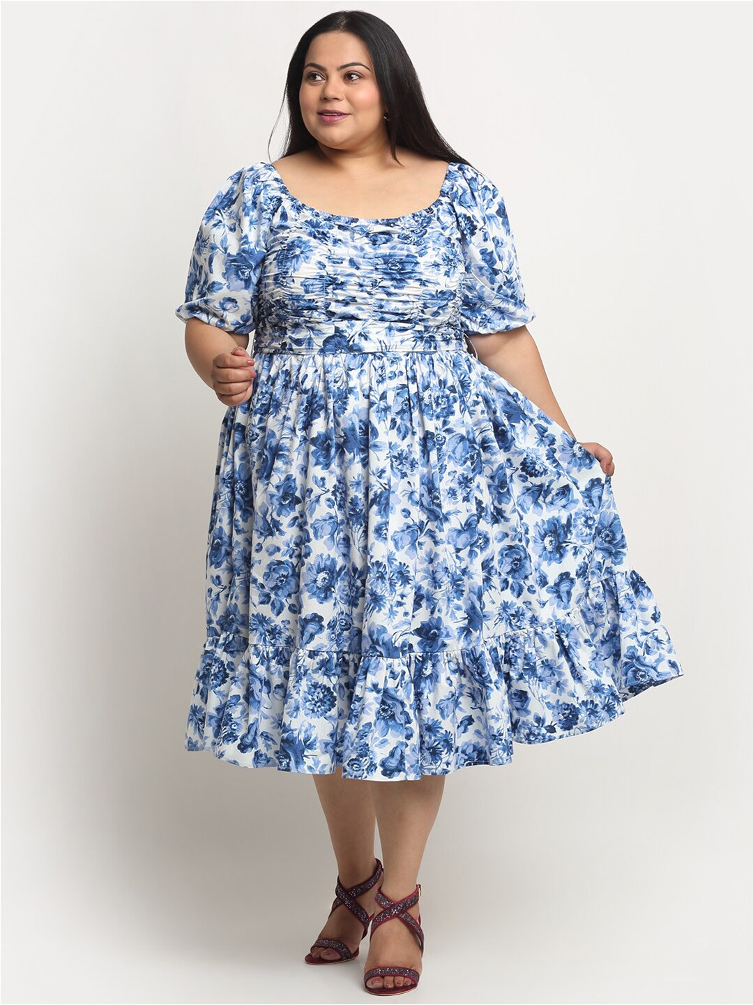 

sindrellastorie Plus Size Floral Print Fit & Flare Midi Dress, White