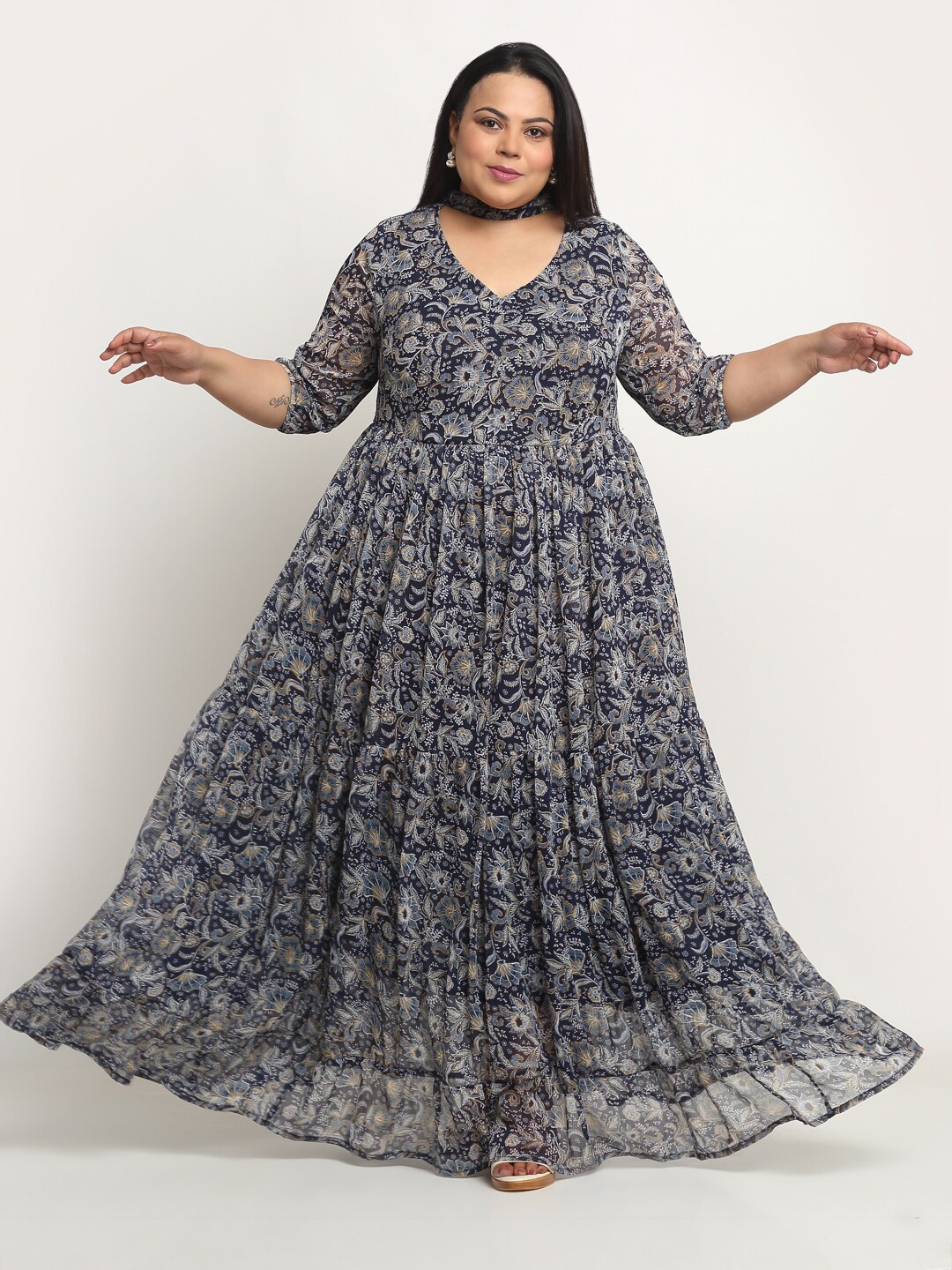 

sindrellastorie Plus Size Floral Print Georgette Fit & Flare Midi Dress, Blue
