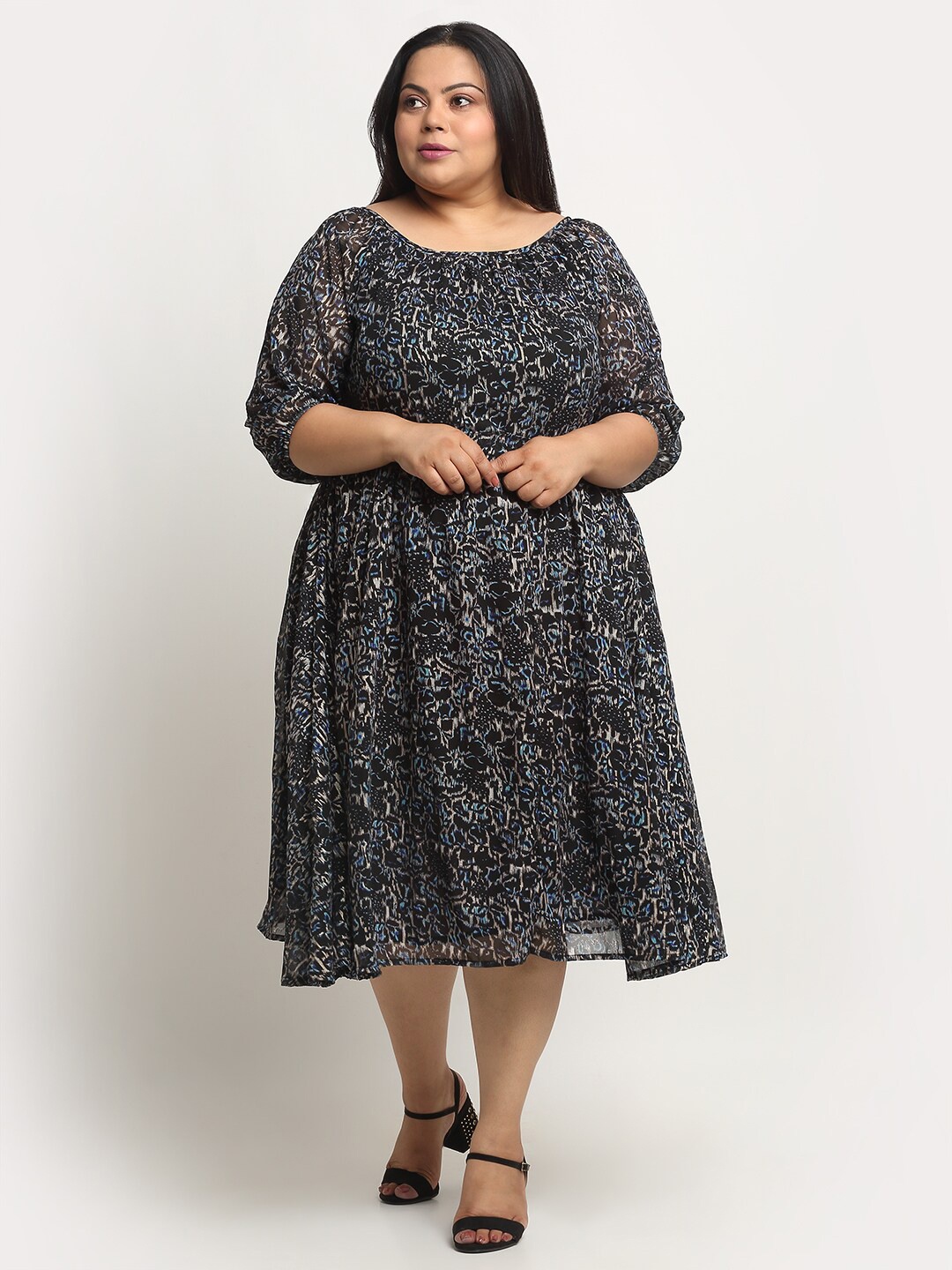 sindrellastorie Plus Size Floral Printed Fit & Flare Midi Dress, Black
