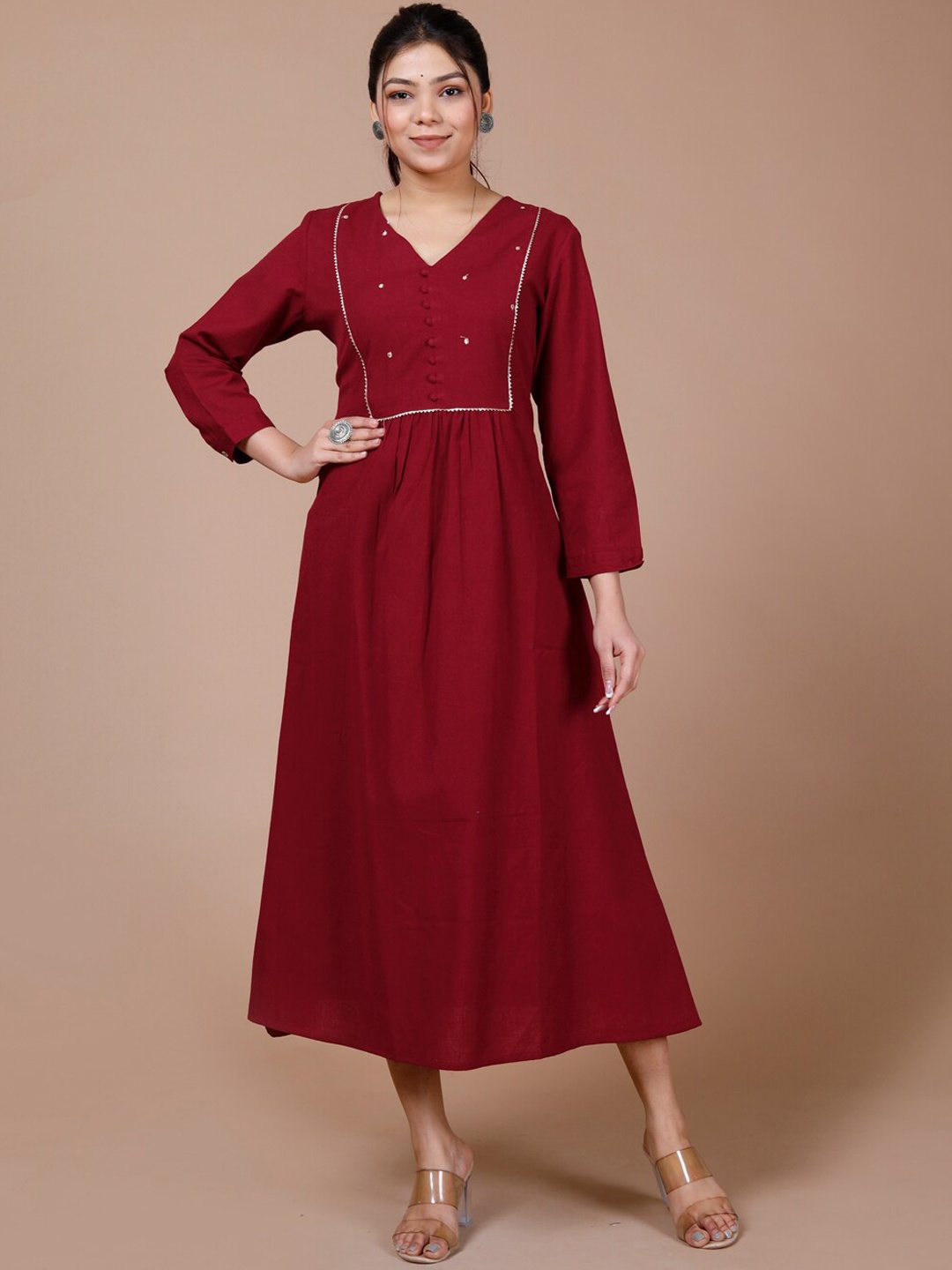 

DESI BEATS V-Neck Gotta Patti Anarkali Cotton Kurta, Maroon