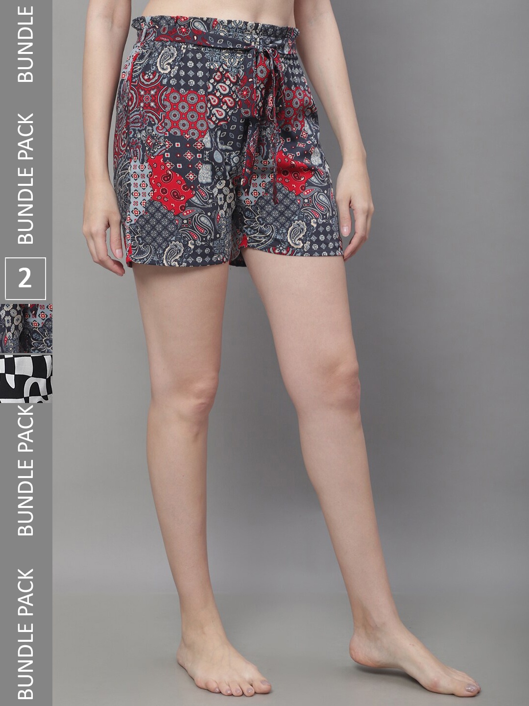 

Boston Club Women Pack Of 2 High-Rise Printed Lounge Shorts, Grey