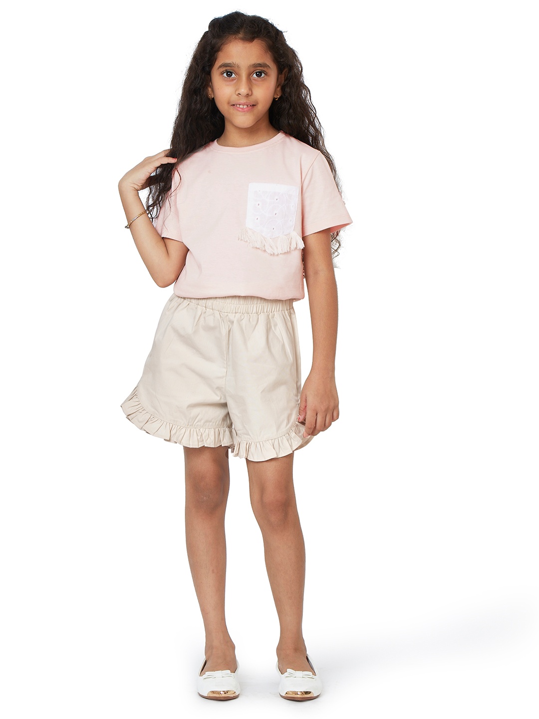 

My Milestones Girls Mid Rise Ruffled Cotton Shorts, Cream