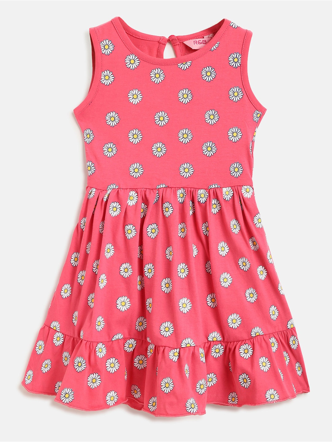 

R&B Girls Gathered Floral Printed Cotton Fit And Flare Dress, Pink