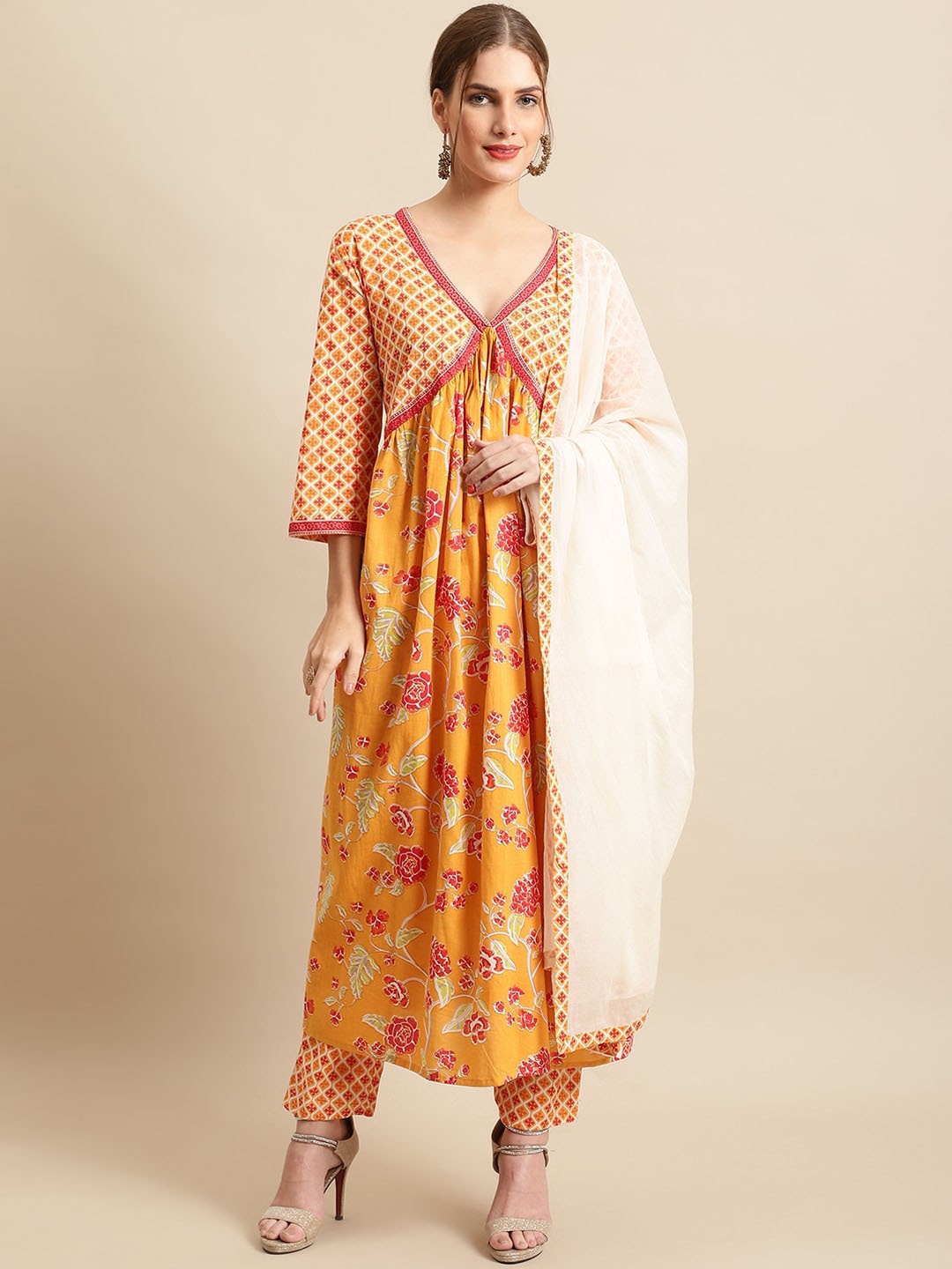

Sangria Floral Printed Pure Cotton Empire A-line Kurta With Trousers & Dupatta, Mustard