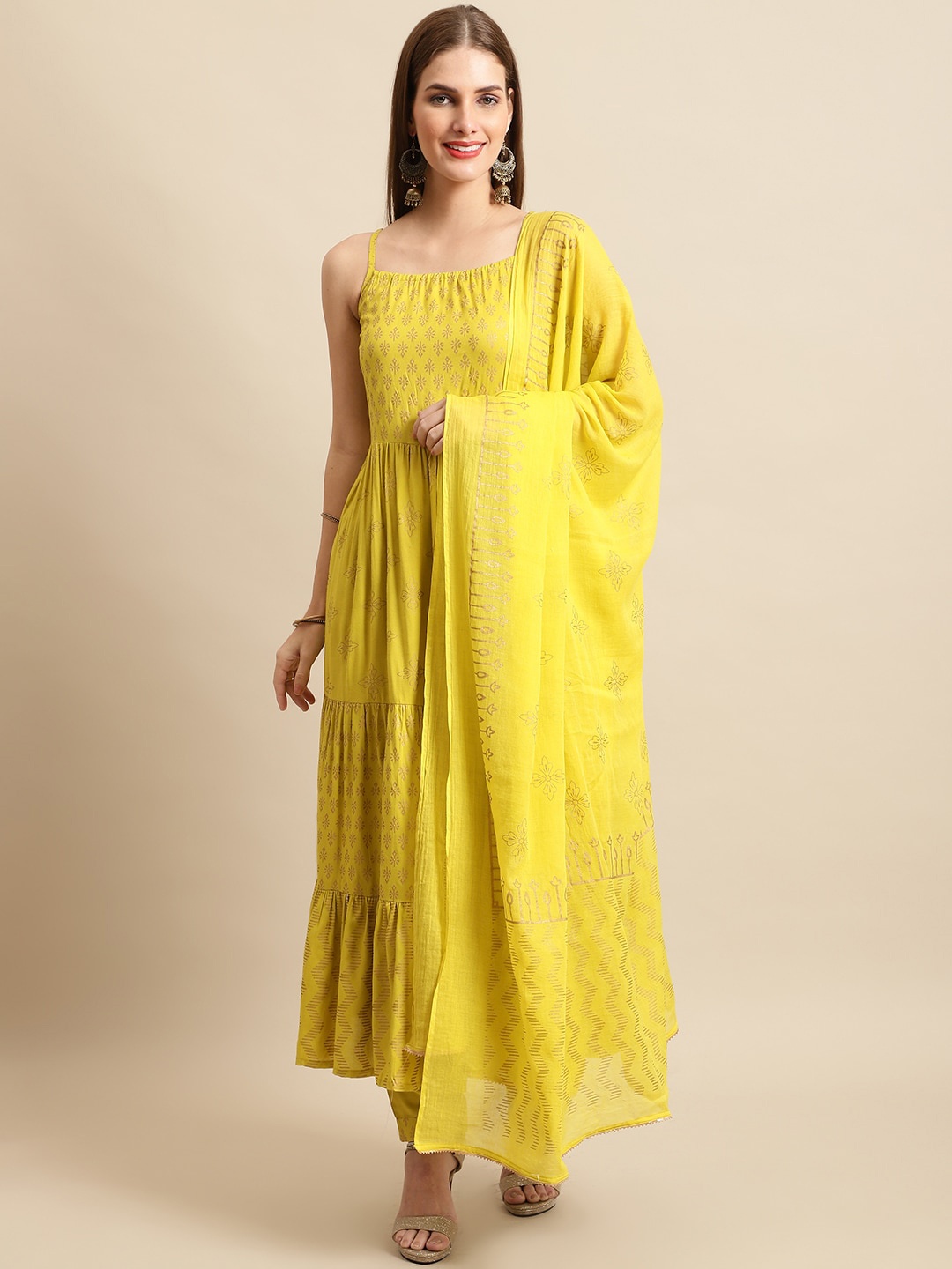 

Sangria Floral Printed Shoulder Straps Pure Cotton A-Line Kurta & Trouser With Dupatta, Yellow