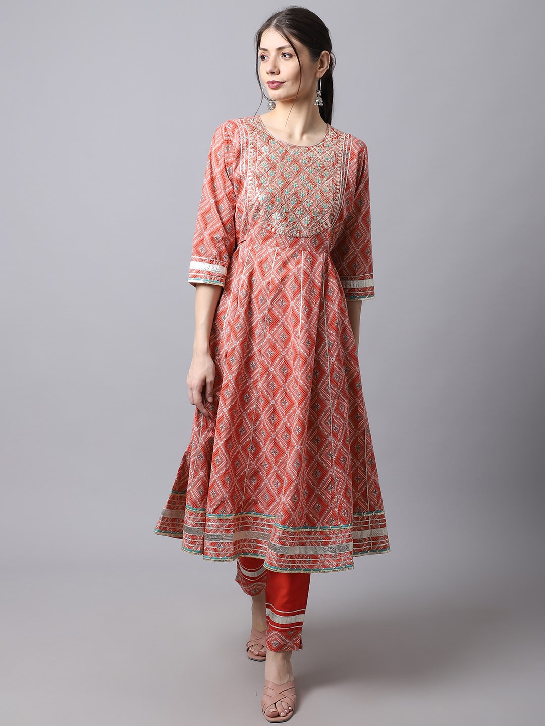 

Sangria Rust Ethnic Motifs Printed Pure Cotton Anarkali Kurta With Trousers & Dupatta