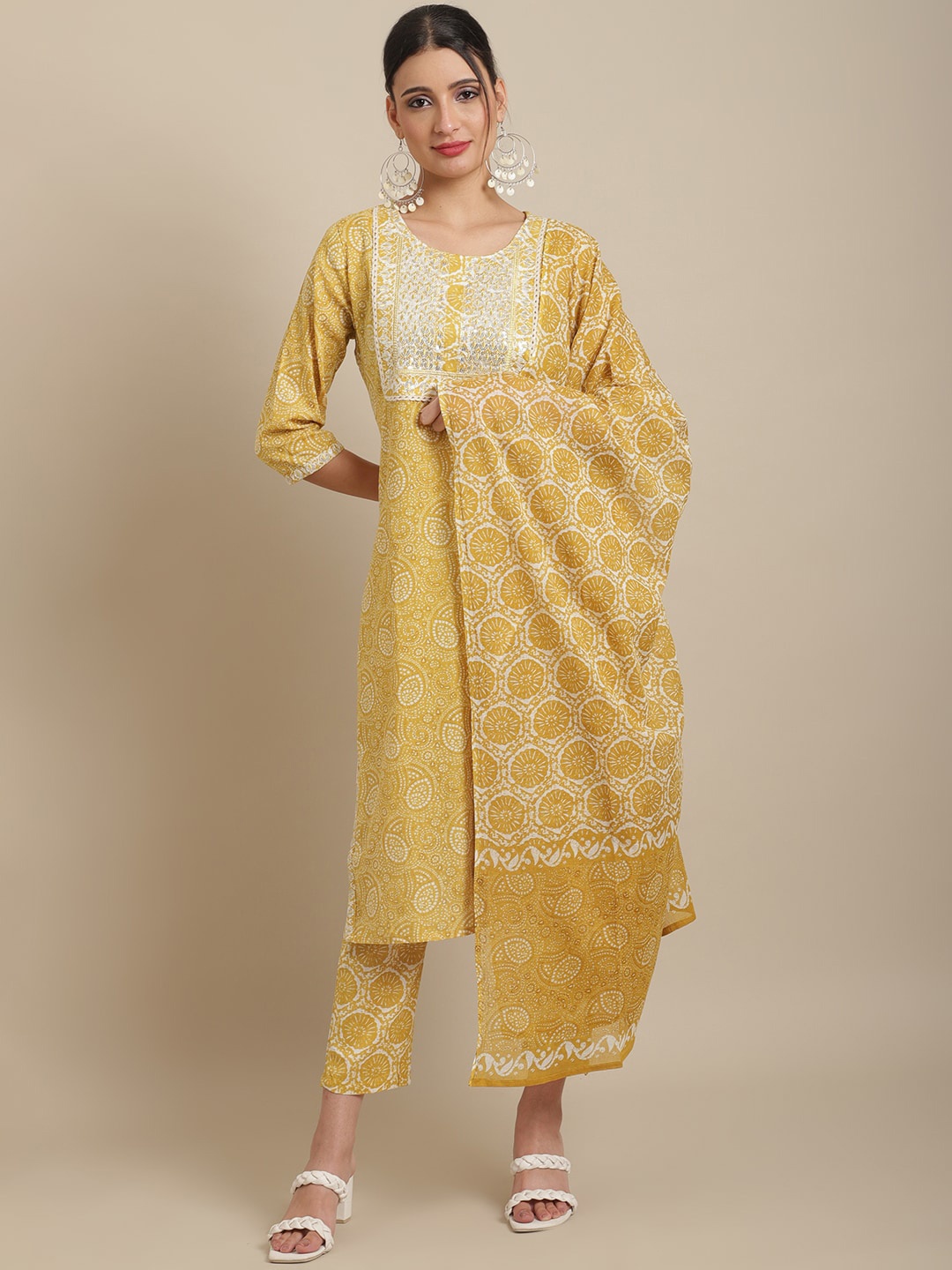 

Sangria Floral Printed Embroidered Sequinned Pure Cotton Kurta & Trouser With Dupatta, Mustard