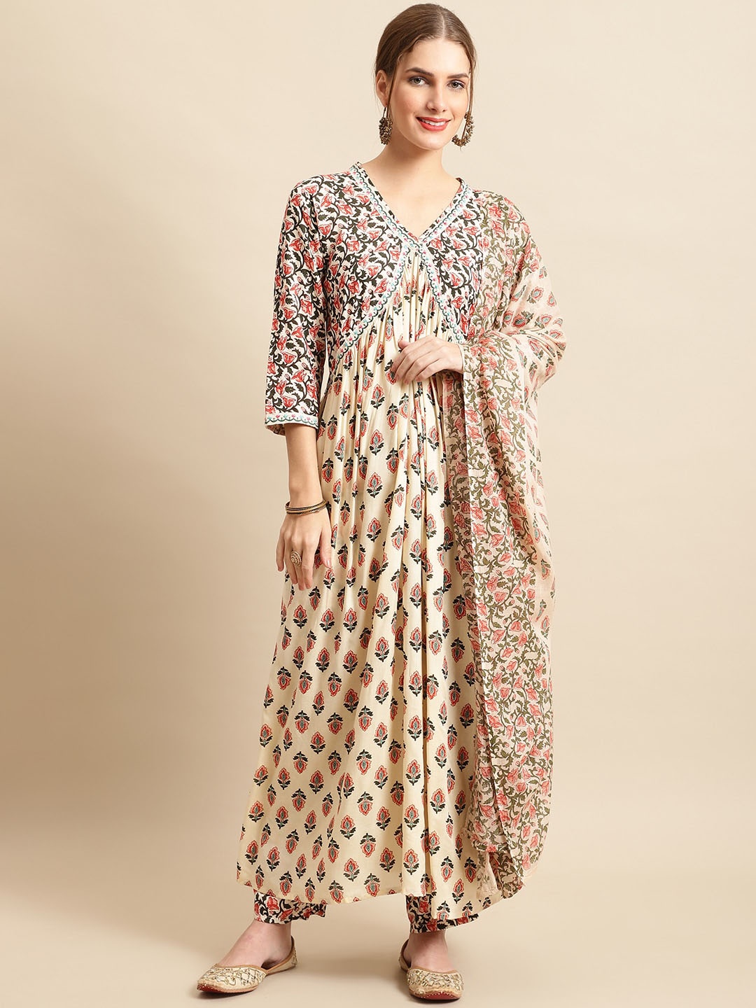 

Sangria Ethnic Motifs Printed V-Neck Empire A-line Kurta With Trousers&Dupatta, Beige