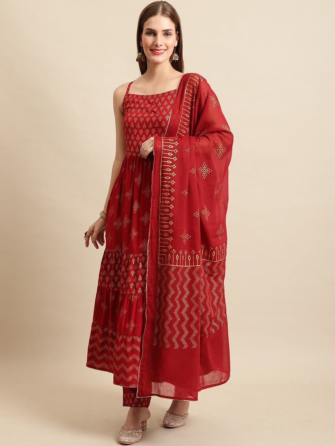 

Sangria Printed Shoulder Straps Pure Cotton A-Line Kurta & Trouser With Dupatta, Maroon