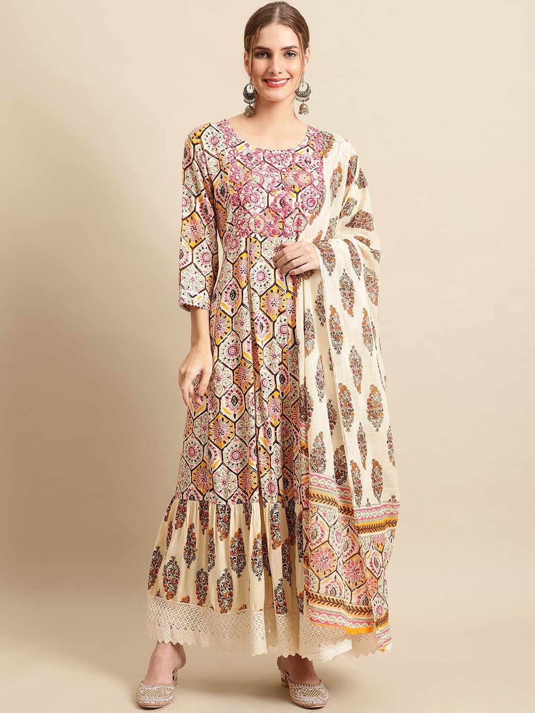 

Sangria Cream-coloured Ethnic Motifs Printed A-Line Kurta & Trouser With Dupatta, White
