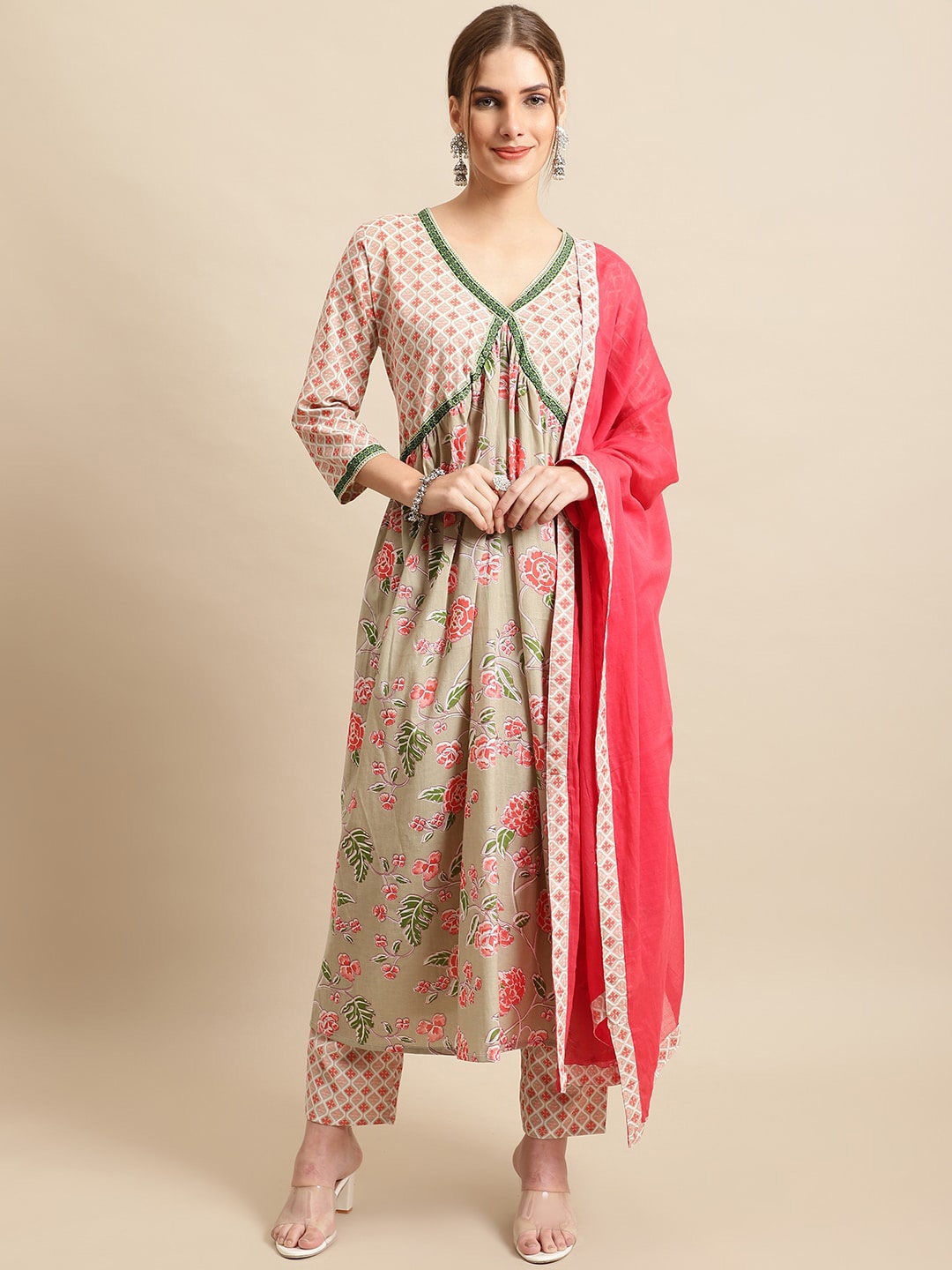 

Sangria Florak Printed V-Neck Pure Cotton Kurta With Trouser Dupatta, Beige
