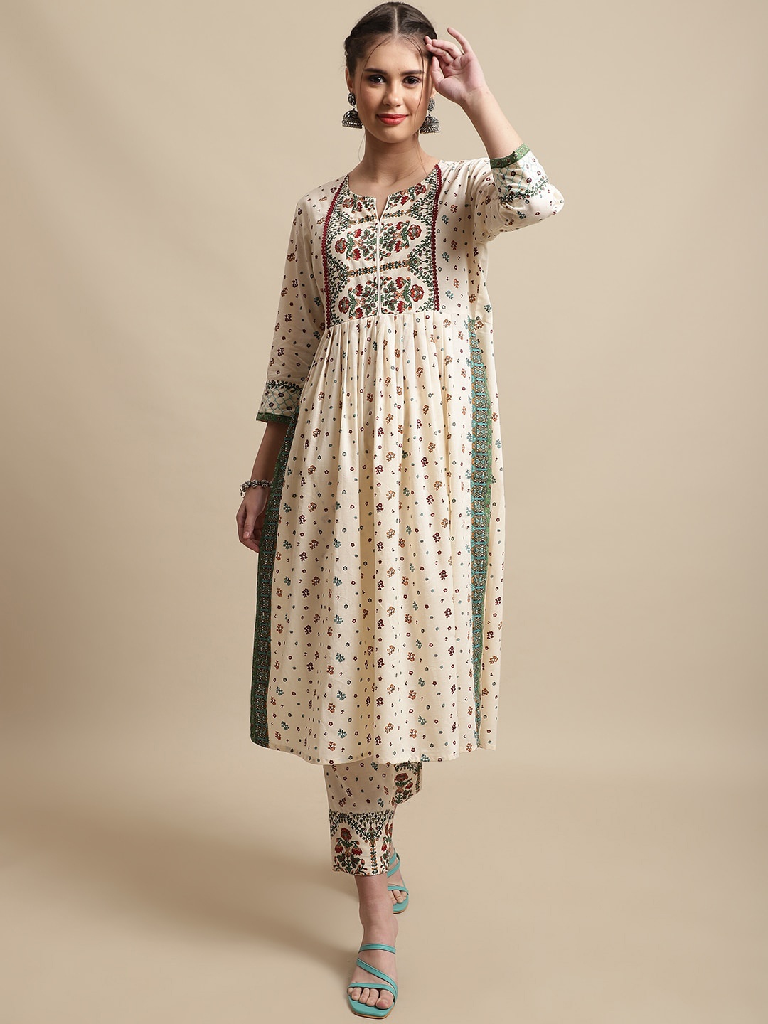 

Sangria Floral Printed Pleated Pure Cotton A-line Kurta With Trousers&Dupatta, Off white