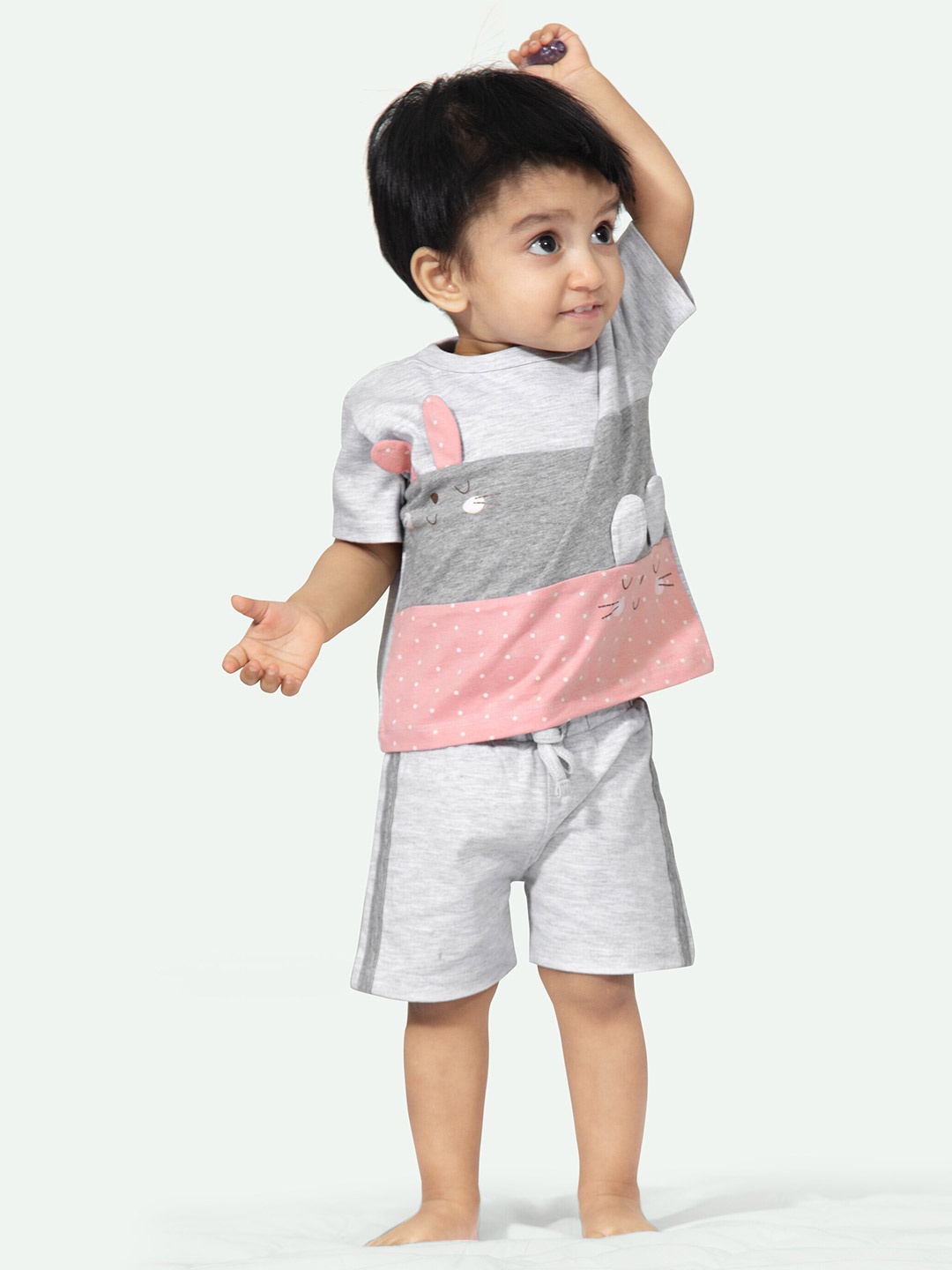 

ariel Infant Girls Printed Pure Cotton T-Shirt With Shorts, Grey melange