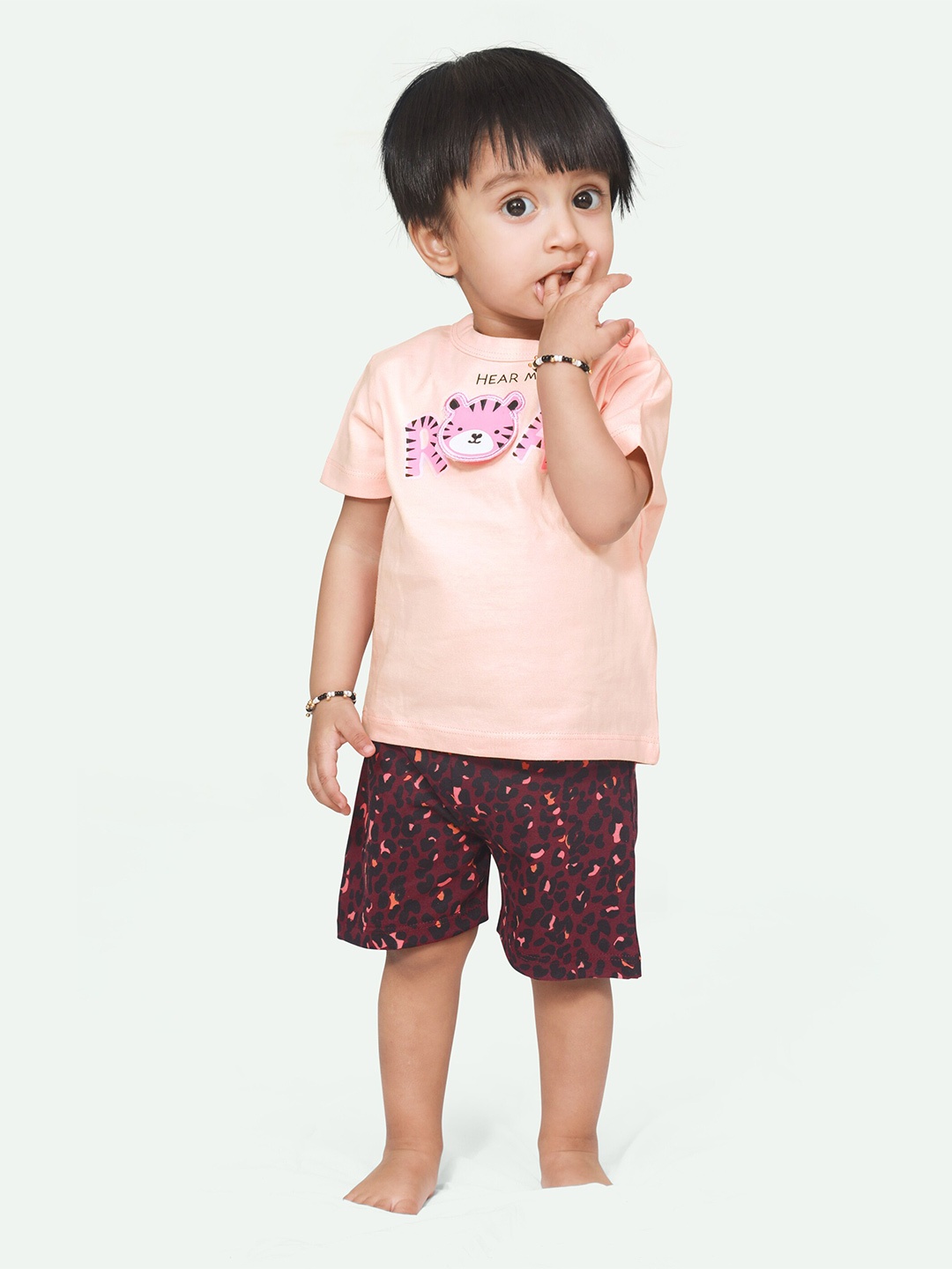 

ariel Infant Kids Printed Pure Cotton T-Shirt With Shorts, Peach
