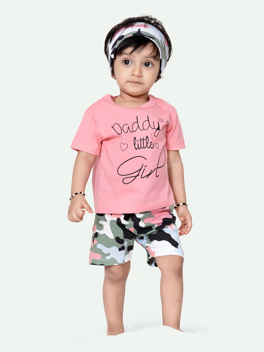 

ariel Infant Girls Printed Pure Cotton T-Shirt With Shorts, Pink