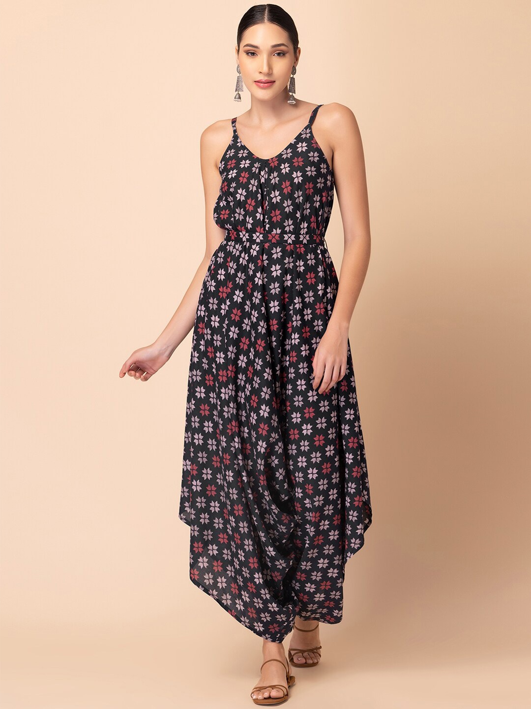 

INDYA Floral Printed Shoulder Straps Jumpsuit, Black