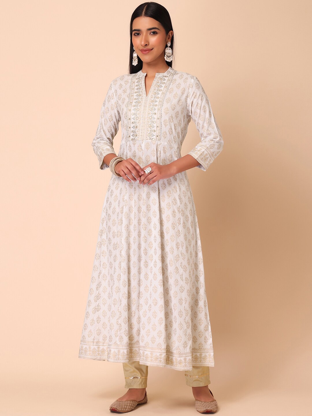 

INDYA Ethnic motifs Printed otta Patti Work Panelled Anarkali Kurta, White