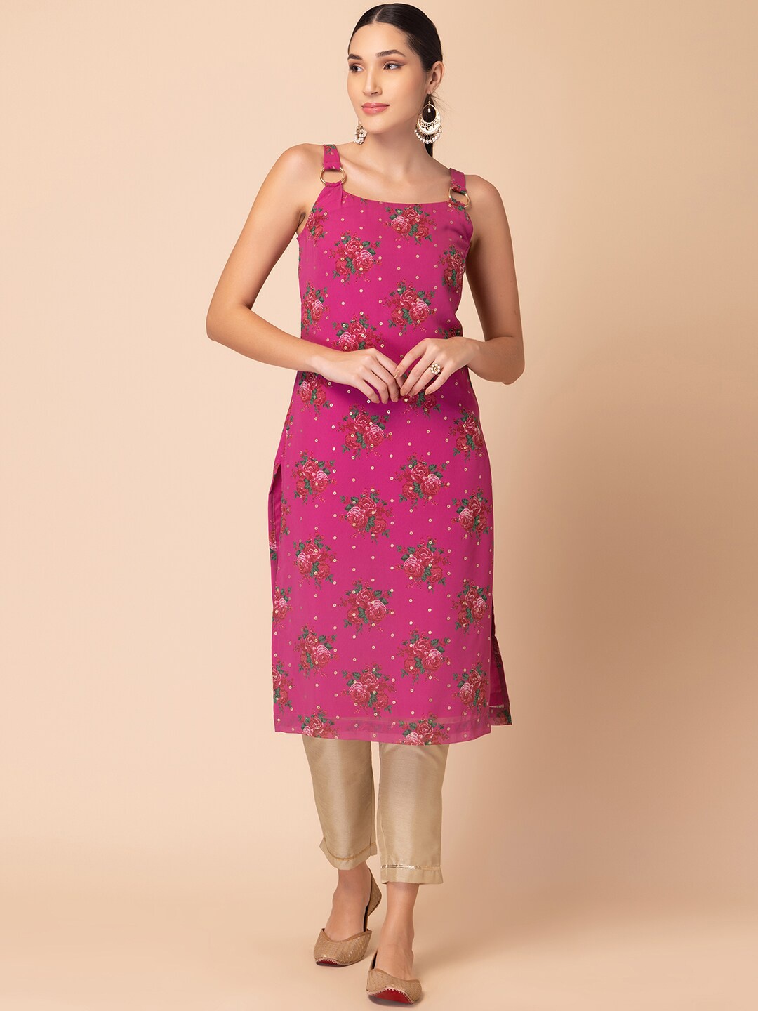 

INDYA Floral Printed Straight Kurta, Pink