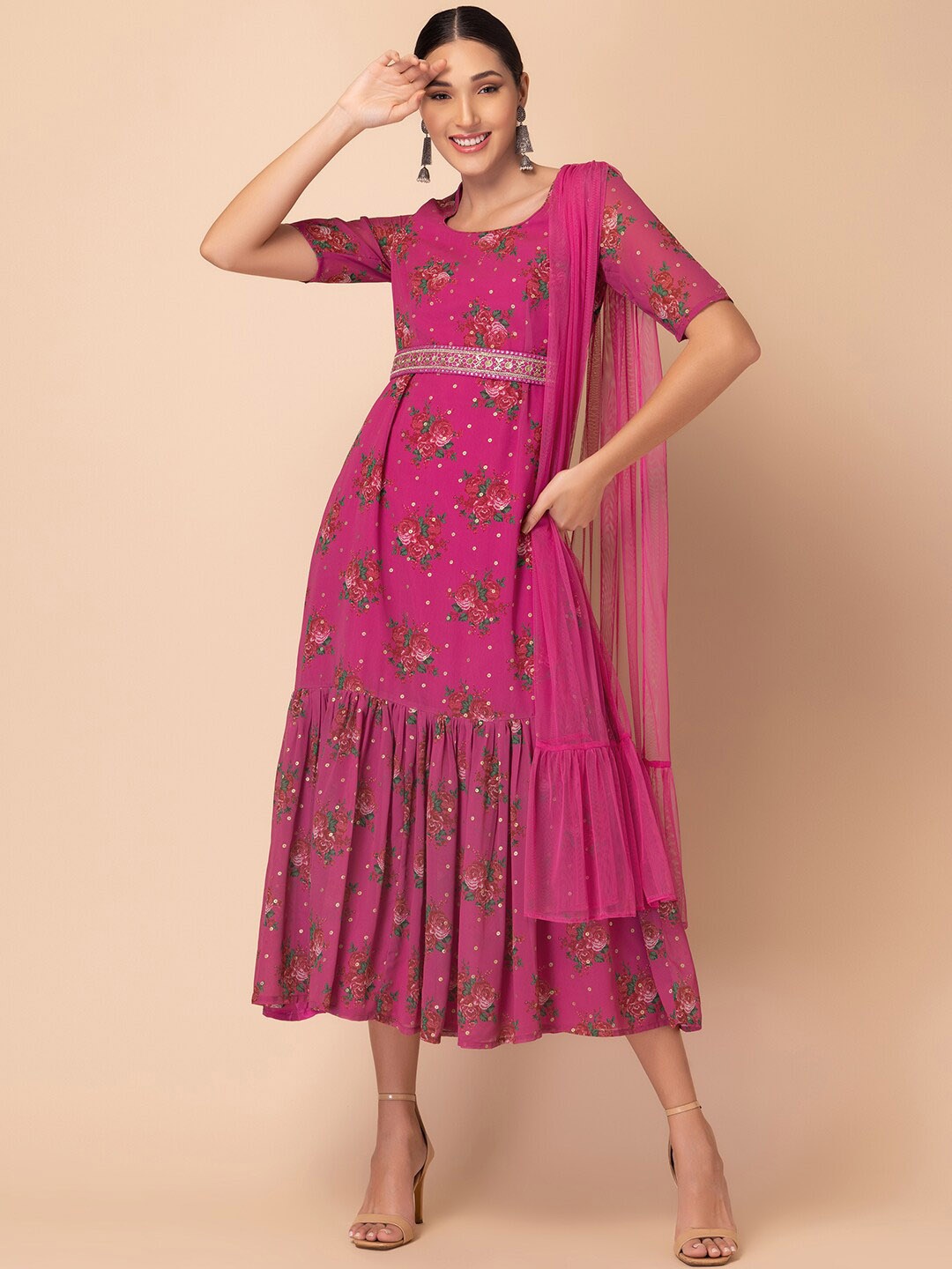 

INDYA Floral Printed Ethnic Dress With Attached Dupatta & Embellished Belt, Pink