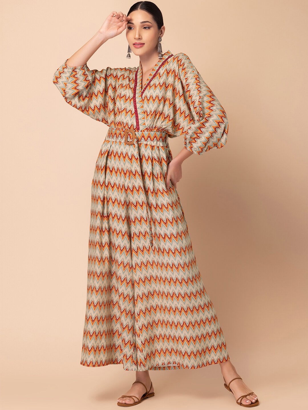 

INDYA Chevron Printed Kimono Sleeves Jumpsuit, Beige