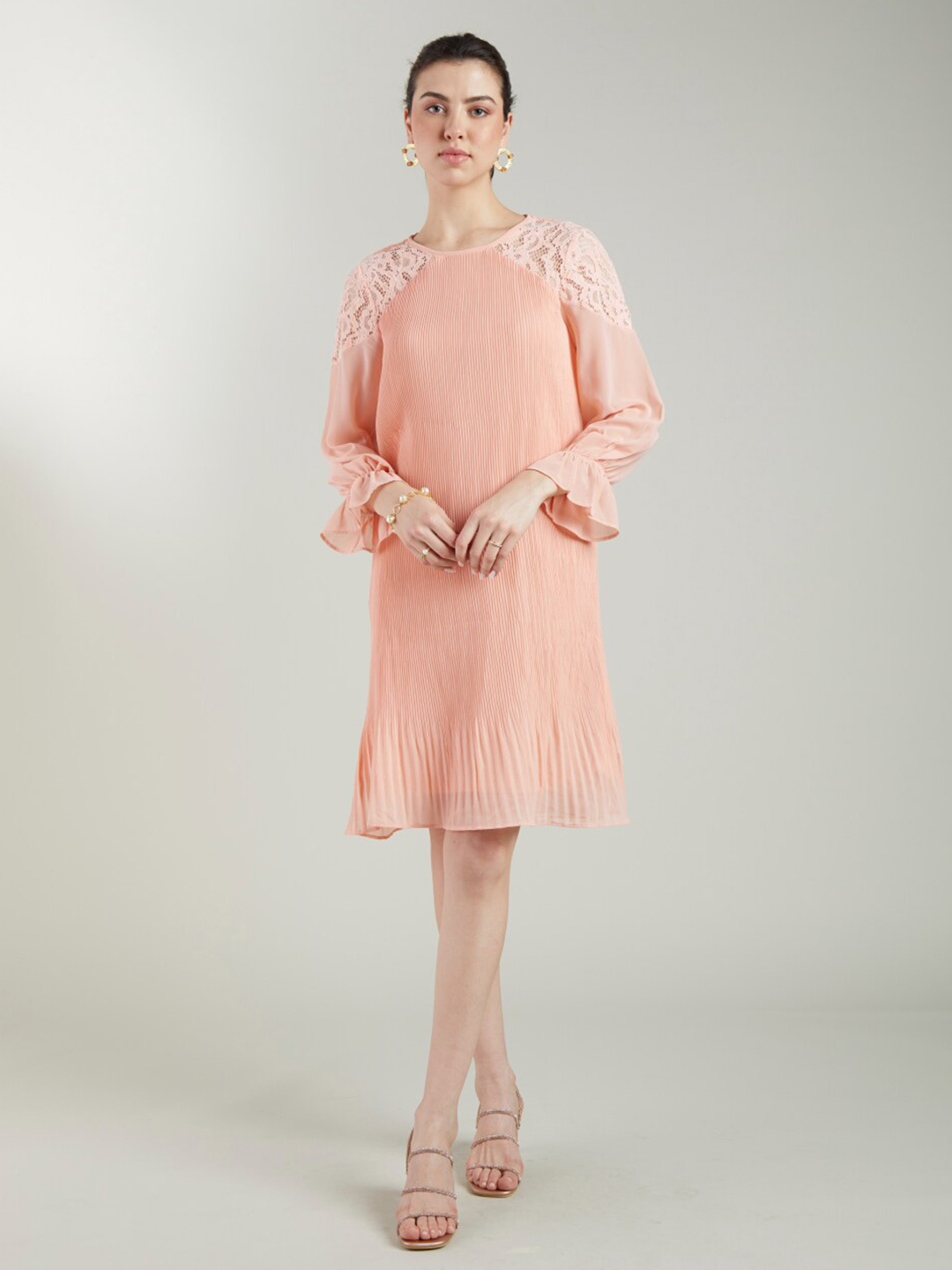 

Style Island Bell Sleeve Lace Insert A-Line Midi Dress, Peach