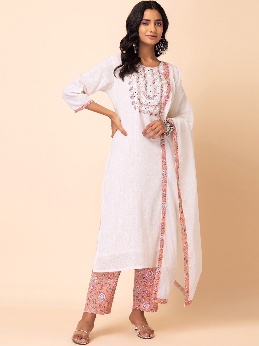 

INDYA Yoke Embroidered Straight Kurta & Trouser With Dupatta, White