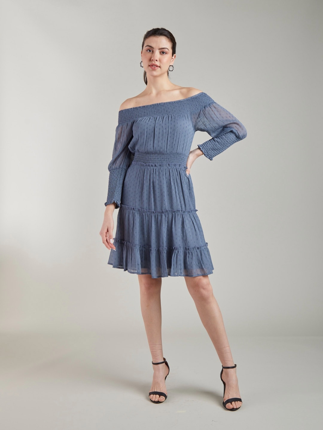 

Style Island Self Design Off-Shoulder Fit & Flare Dress, Grey