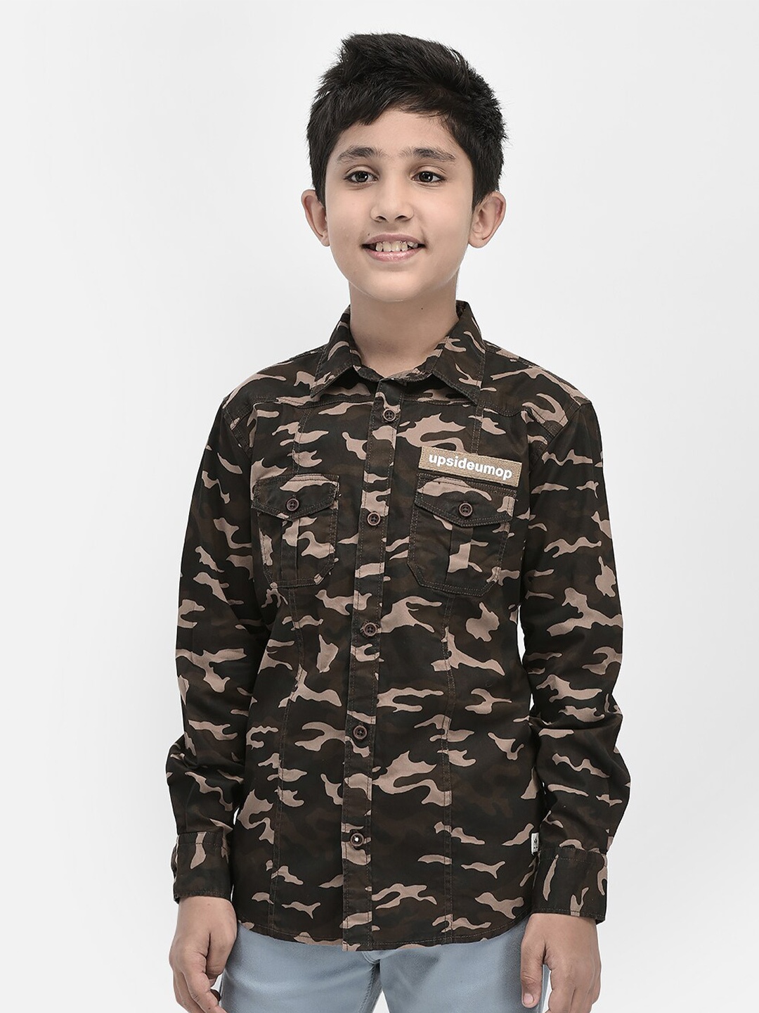 

Crimsoune Club Boys Standard Slim Fit Camouflage Printed Pure Cotton Casual Shirt, Olive