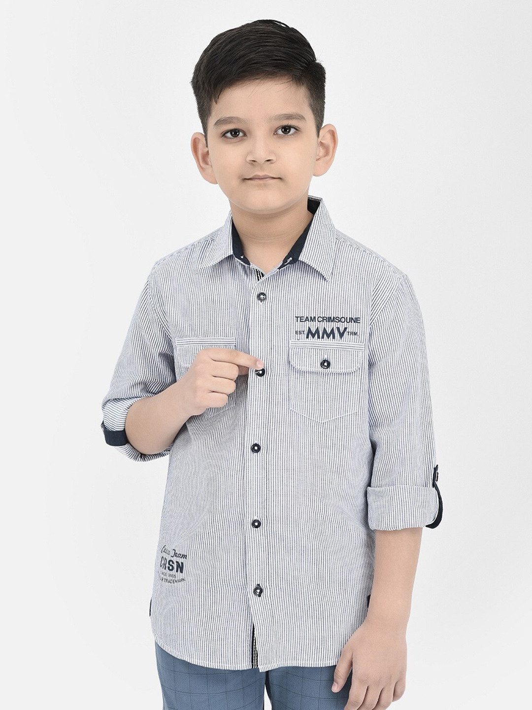 

Crimsoune Club Boys Standard Slim Fit Pinstripes Pure Cotton Casual Shirt, Blue