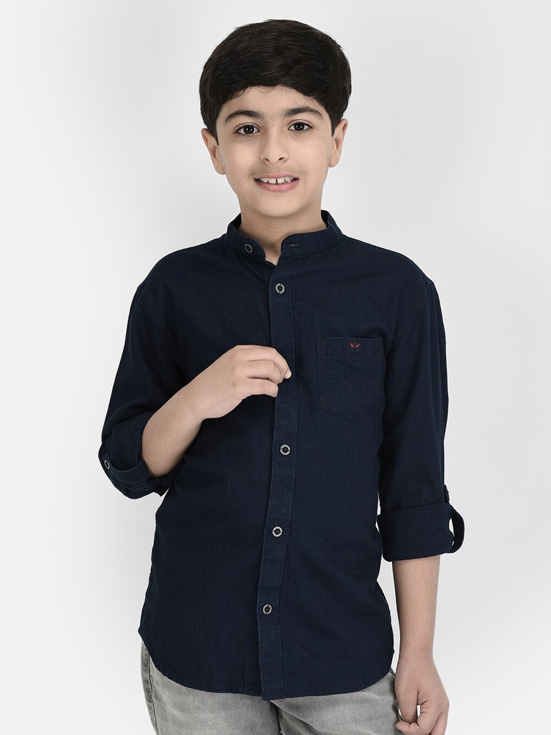 

Crimsoune Club Boys Standard Slim Fit Mandarin Collar Pure Cotton Casual Shirt, Navy blue