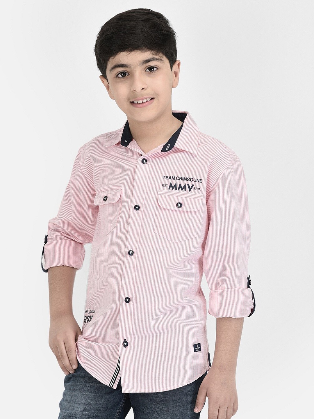 

Crimsoune Club Boys Standard Slim Fit Pinstripes Pure Cotton Casual Shirt, Pink