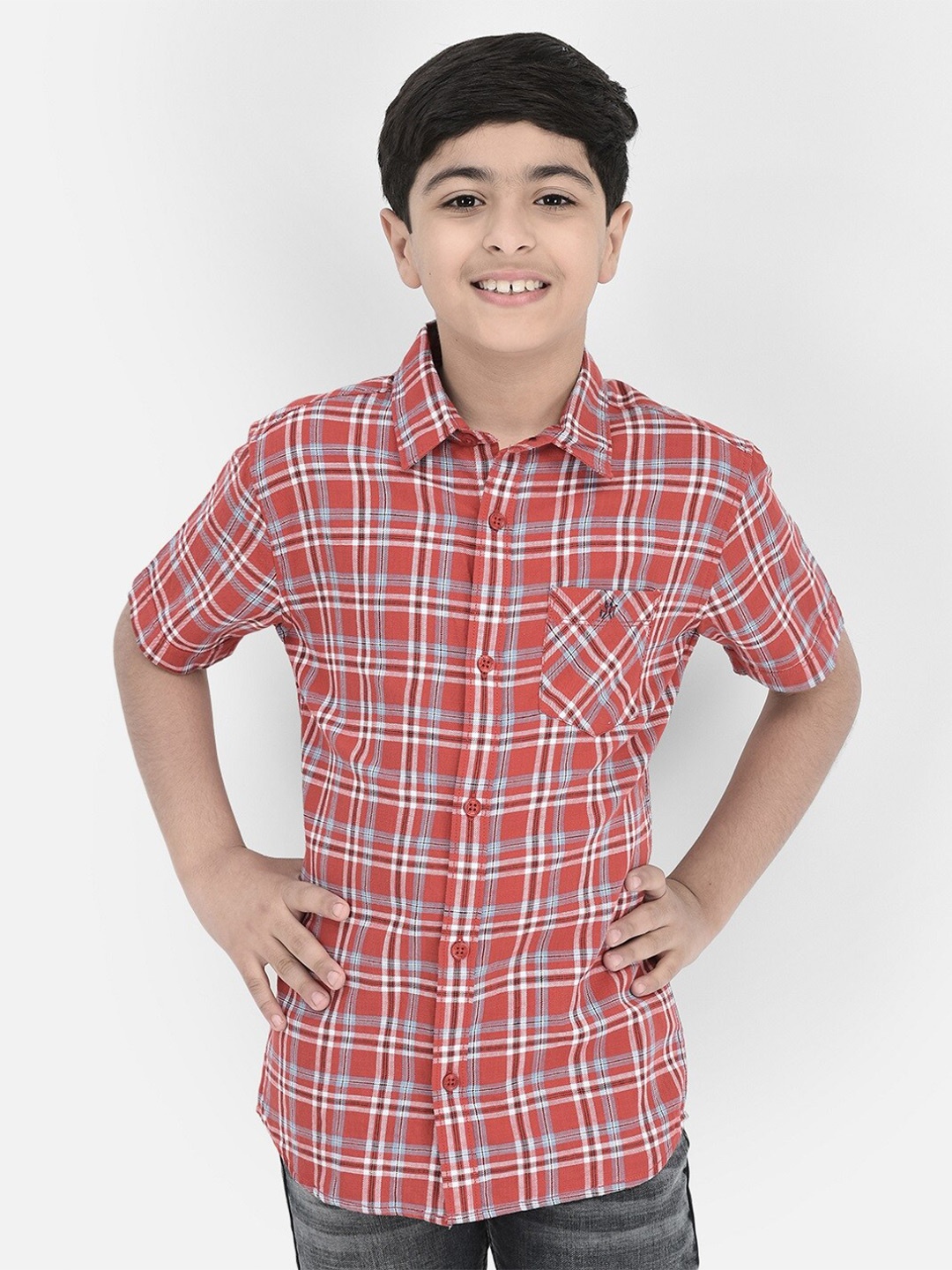 

Crimsoune Club Boys Slim Fit Tartan Checked Pure Cotton Casual Shirt, Red